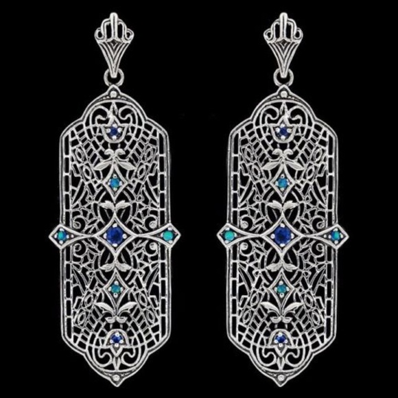 Gem Emporium Jewelry - Blue Sapphire & Opal 925 Silver Art Deco Earrings